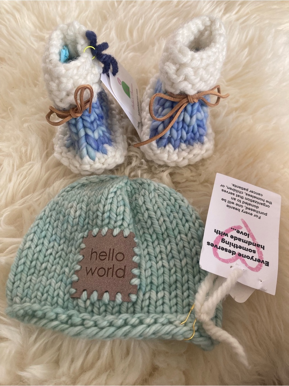 Handmade Mint 'Hello World' Newborn Hat and Blue Booties